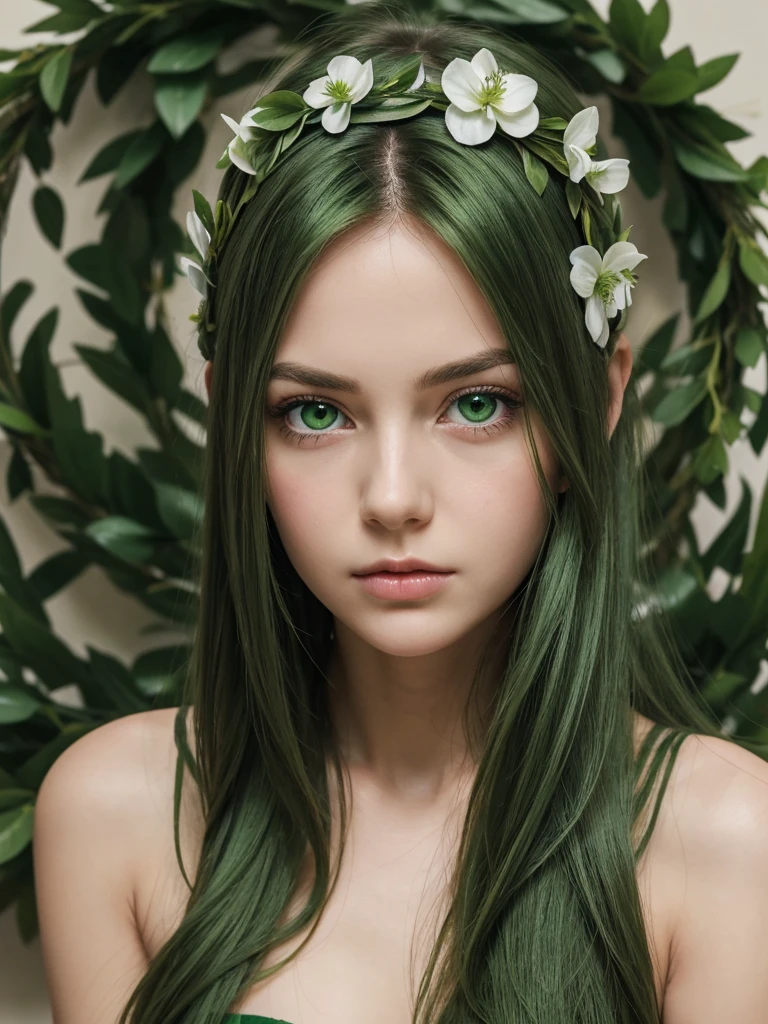 a girl. face sent feeling. Europe. Oval face. long face. delicate facial features. sad eyes. seductively seductive. green eyes. long straight hair. green hair. wreath on head. very sad expression. shy