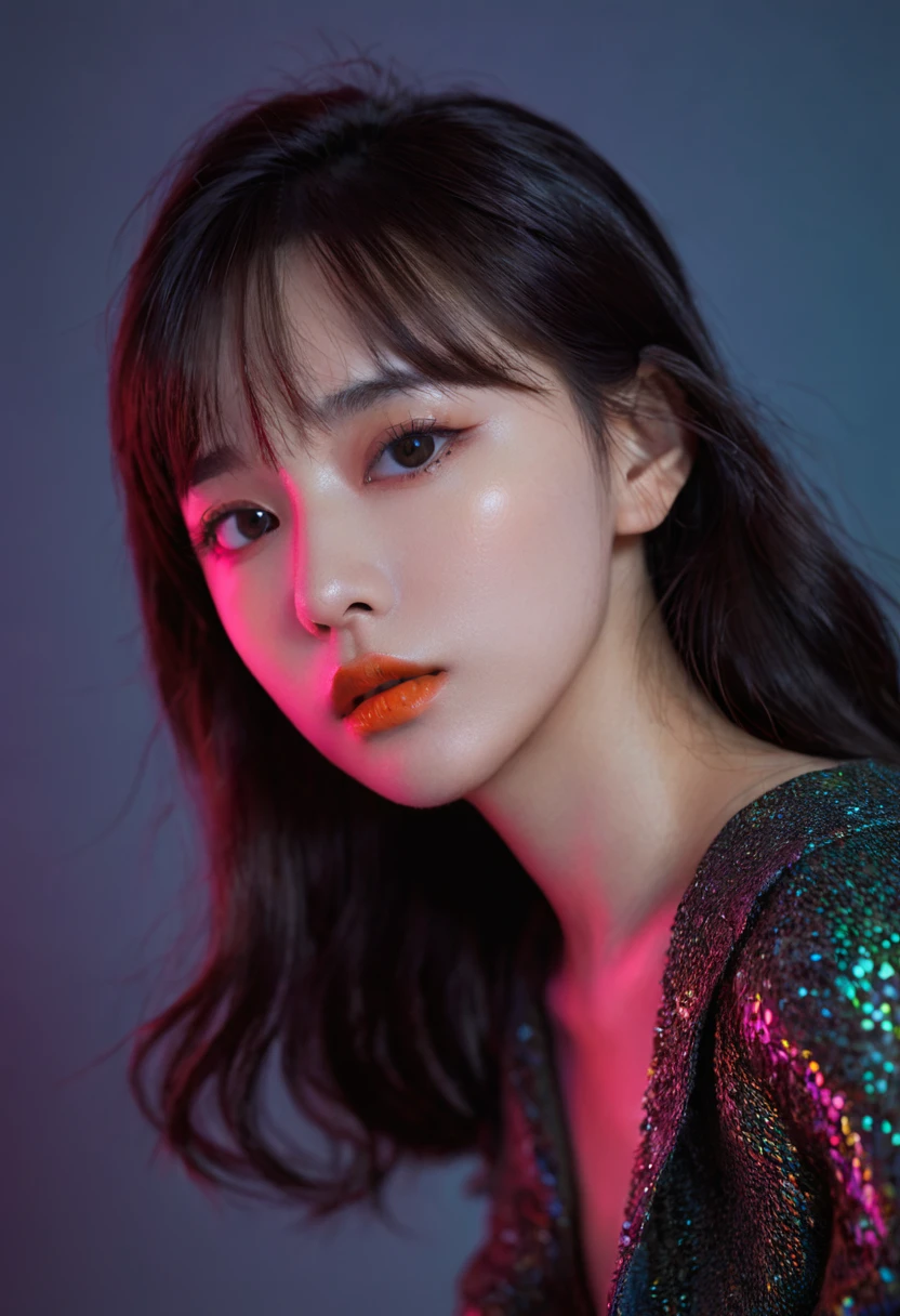 8k, best quality, 1 Girl, (Skin Indentation), night, (dark), Indoor clear background, (people), Beautiful bangs, Gorgeous,, (Clothing and:1.3),Soft lighting, attractive, dark Room, (mouth close:1.2, beautiful eyes, Delicate eyes, Detailed iris, Beautiful lips, Beautiful nose, Pretty Face),(primary color:1.5),(Ambient Light:1.5),(Neon light:1.8),(Radioluminescence:1.8),