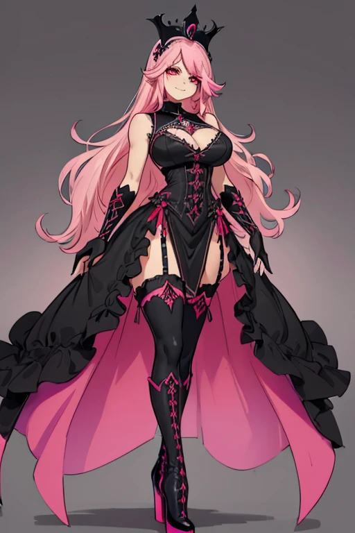 female, silver messy long hair, red eyes, tanned skin, (((1girl))), (((black sleeveless regal gothic dress with pink trim))), (black opera gloves), (pink stockings), (black thigh high heeled boots with red laces), (gold ornate crown), cute and sexy, full body, big breasts, long legs, smiling, cleavage