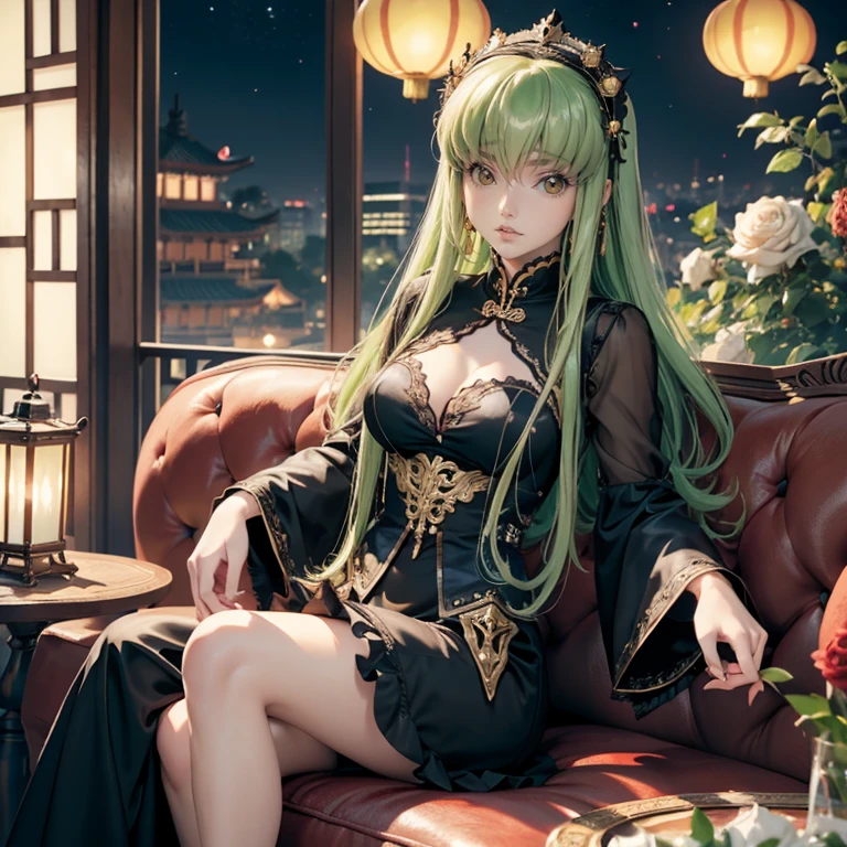 C.C_(code geass), 1girl, white roses, ornament hair, black roses on her hair, black short skirt, black dress, black headdress, skirt with layers, frills, black laces, lolita style, green hair, long hair, seat on a red sofa, chinese home style, black lolita dress, gold lantern, black dress, more details on her clothes, golden details, night, smiling, chinese architecture, solo, alone