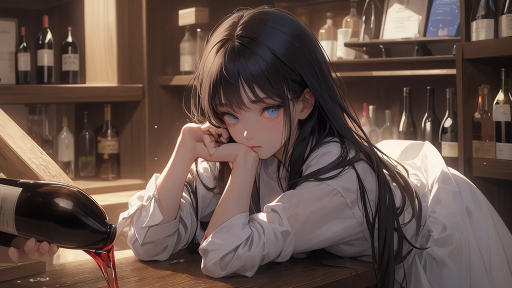 Beautiful girl, rosto angelical, face detailed ( extremely sad expression), (melancholic), holding a glass of wine, sitting at the counter of a wine cellar, blue eye, dark hair, work of art, ((ultra detaild)), ((4K)), depressed, tears in the eyes, having a drink