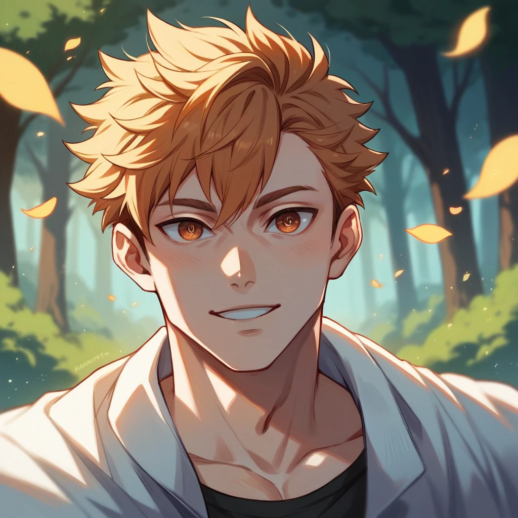A man with beautiful and delicate eyes, Beautiful lip detail, Highly detailed eyes and face, Long eyelashes, Emotional, Happy expression, Dynamic pose, Fantasy Forest, Lighting sun, Haikyuu inspired bright particle image