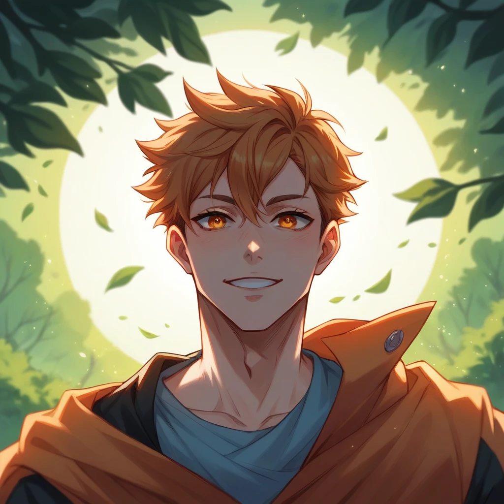 A man with beautiful and delicate eyes, Beautiful lip detail, Highly detailed eyes and face, Long eyelashes, Emotional, Happy expression, Dynamic pose, Fantasy Forest, Lighting sun, Haikyuu inspired bright particle image