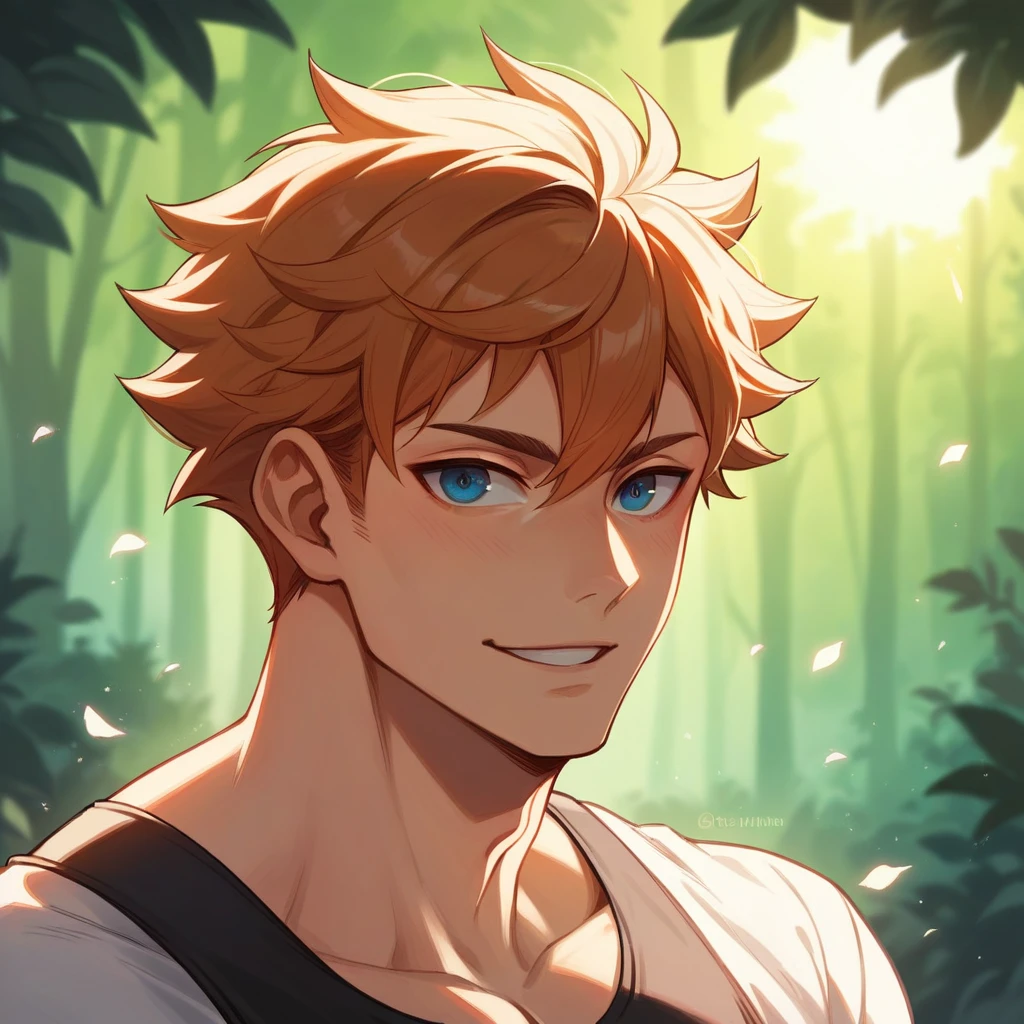A man with beautiful and delicate eyes, Beautiful lip detail, Highly detailed eyes and face, Long eyelashes, Emotional, Happy expression, Dynamic pose, Fantasy Forest, Lighting sun, Haikyuu inspired bright particle image 