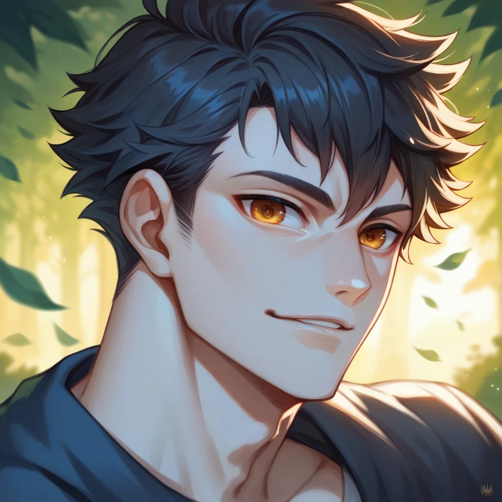 A man with beautiful and delicate eyes, Beautiful lip detail, Highly detailed eyes and face, Long eyelashes, Emotional, Happy expression, Dynamic pose, Fantasy Forest, Lighting sun, Haikyuu inspired bright particle image