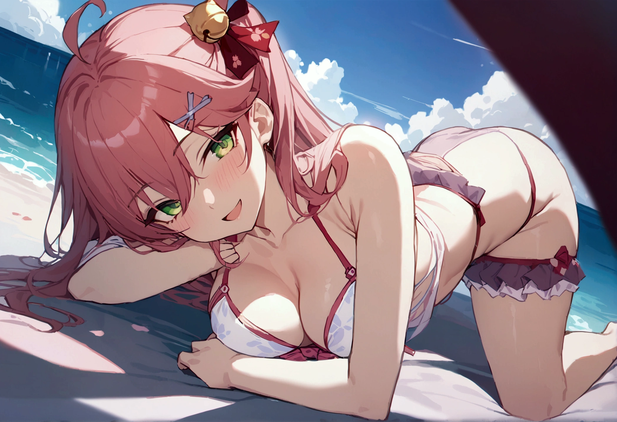 (masterpiece,Highest quality:1.3), (Super detailed:1.3), One girl, Day, Swimwear, View your viewers, Ocean, Miko 1, sakura miko, Green Eyes, alone, Ahoge, Red X Hair Ornament, Bright pink hair,  Hair Clip, Hair Bell,  Long Hair, Hair between the eyes, smile, sunny, Lie down, Close one eye, Open your mouth