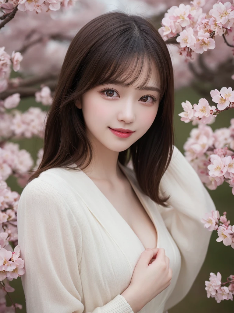 masterpiece, best quality, illustration, ultra-detailed, finely detailed, high resolution, 8K wallpaper, perfect dynamic composition, beautiful detailed eyes, cherry blossoms, traditional clothing, medium hair, small breasts, natural color lips, gentle pose, smile, looking at camera