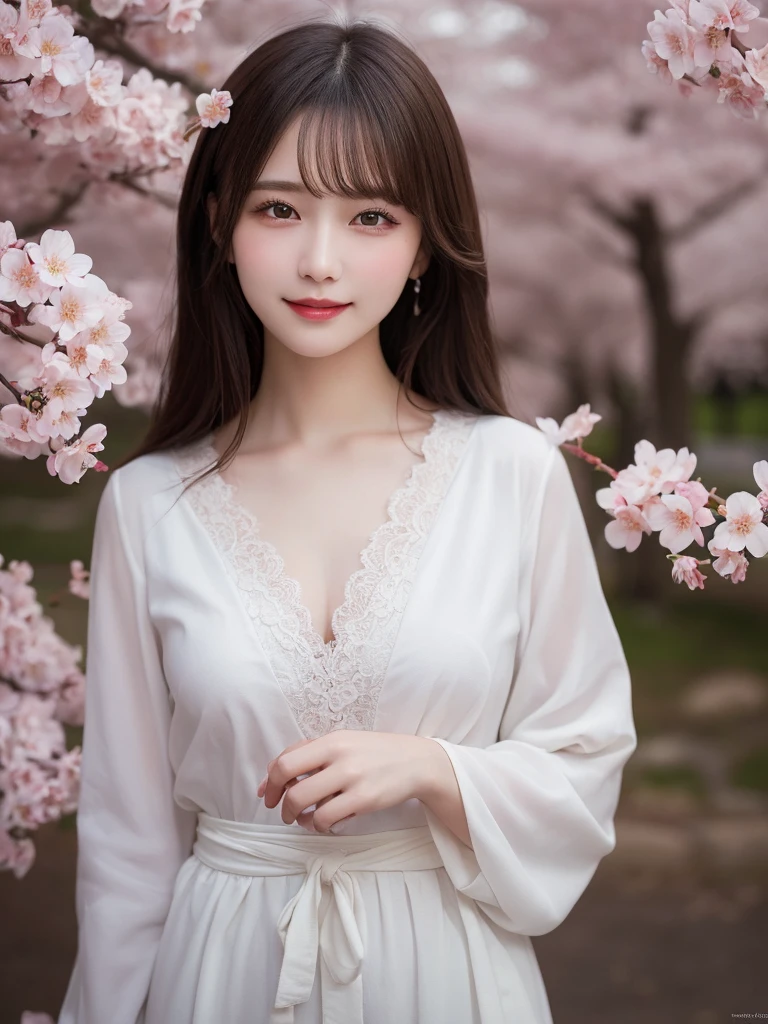 masterpiece, best quality, illustration, ultra-detailed, finely detailed, high resolution, 8K wallpaper, perfect dynamic composition, beautiful detailed eyes, cherry blossoms, traditional clothing, medium hair, small breasts, natural color lips, gentle pose, smile, looking at camera