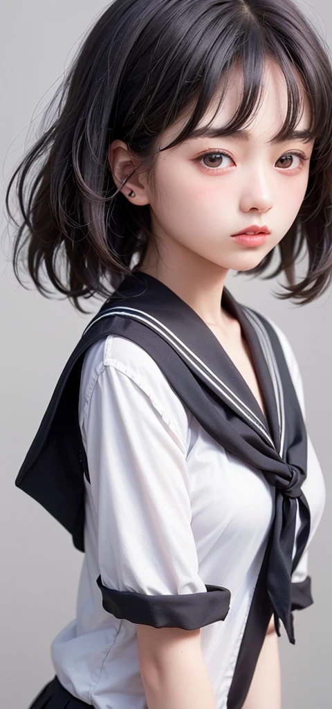 (1 nogizaka girl,15years old face,raw photo,photo realistic:1.5),(best quality, high quality,HDR, highest quality,ultra high resolution,high resolution,high res,ultra high difinition,huge file size,8K,2K wallpaper,8K wallpaper,high quality texture,amazing,an extremely delicate:1.4),one girl, Japanese famous idol,cute face,small face,absurd,ridiculous,incredibly ridiculous,blurry background,(school uniform,sailor suit,short hair,cleavage,no makeup:1.2),medium skin,beautiful skin,detailed skin,black hair,silky hair,black eyes,Japanese nose,5-fingers,(Light Particles, Lens Flare, Luminous Particles: 0.7),looking at viewer,small hands,bright lighting,professional lighting,girl