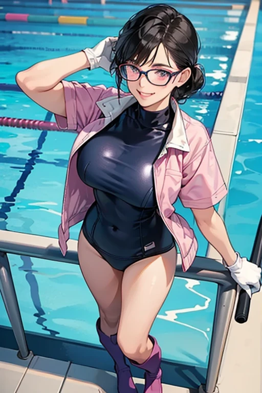 A mature woman with black hair and glasses wearing a navy blue school swimsuit and large pink rubber gloves and white rubber boots is smiling as she cleans the school pool.　Windbreaker