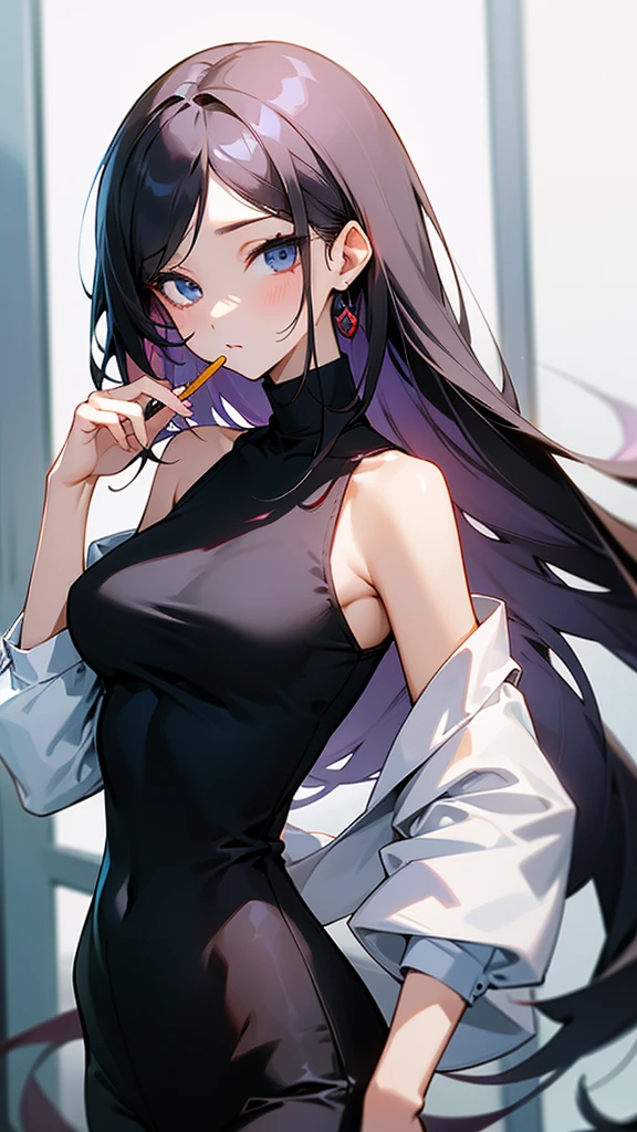 beautiful girl、portrait、Black straight long hair、Office Casual Fashion、black Sleeveless high neck knit、Tight pants style、slender、Model Body Type、Ideal Style、 women、Slim and cute、off shoulder foodie、casual、