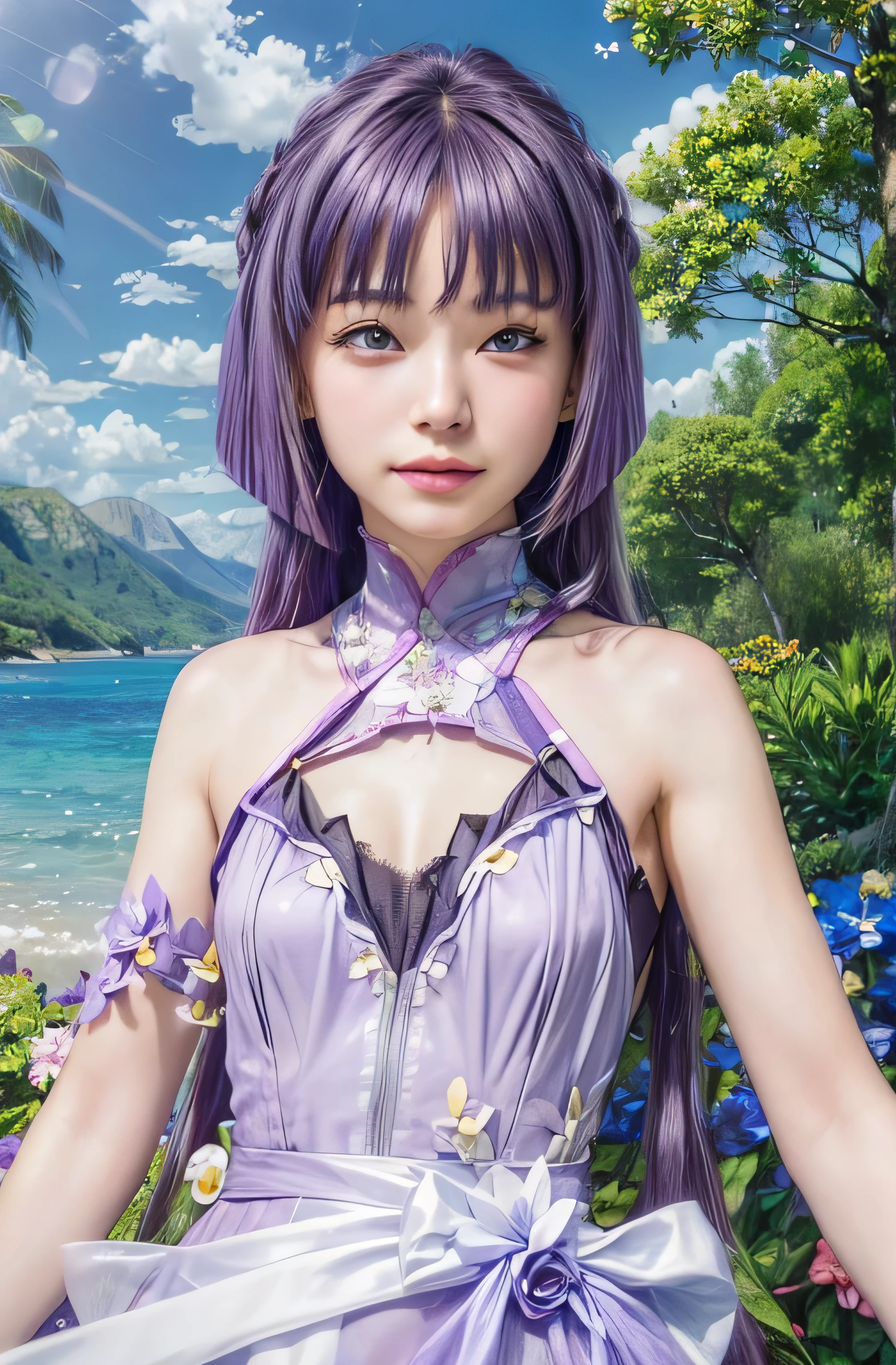 masterpiece, best quality, (realistic,photo-realistic:1.4), (RAW photo:1.2), extremely detailed CG unity 8k wallpaper, delicate and beautiful, amazing,finely detail, official art, absurdres, incredibly absurdres, huge filesize, ultra-detailed,extremely detailed eyes and face,light on face,sumire kakei,(little smile),(purple hair:1.4),(long hair:1.6),(wearing flower dress:1.6),beach background