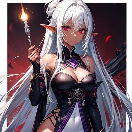 expensive、Slim figure。
- Long silver hair tied back。
- Sharp red eyes、Always keep a calm expression。
- A dark-skinned elf in a gorgeous black and purple chef's outfit