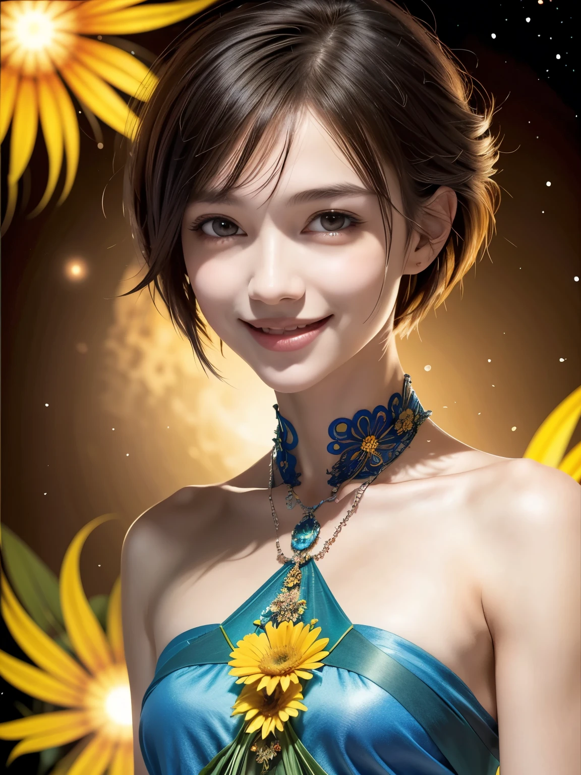 257 20-year-old female, (short hair),(Abstract background,Fractal Art), smile, flower