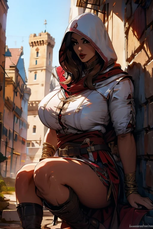 The woman, poca Clothes, Clothes, knee high boots, Bracelets on the legs, socks, socks, castle in the background, ((evening, evening,)), Very detailed, Realistic long-term photography.., 4k, broad, Brown hair, for the chestnut, Red lips,(((hood, hood)), bracelet, sexy,Red lips, Brown eyes, big breasts, big breasts, castillo, lucia auditore