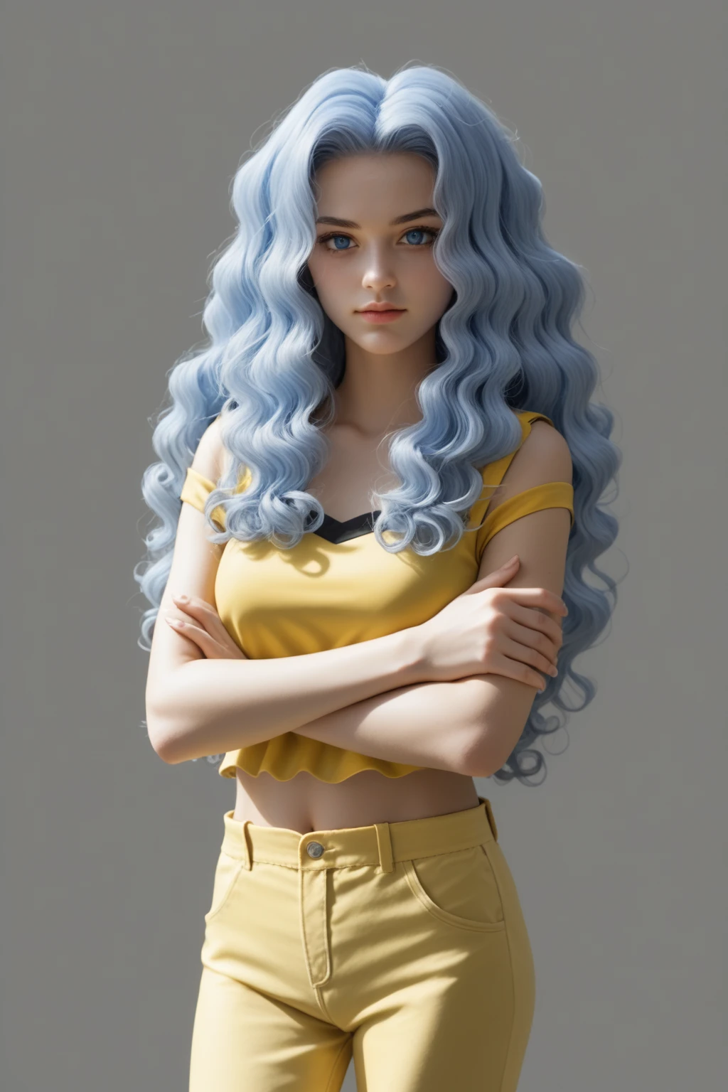 woman, long hair, curly hair, wavy hair, voluminous hair, light blue hair, light eyes, blue eyes, karen, pkmnKaren, white background, woman with arms crossed looking at you, yellow crop top, yellow crop top, white pants, woman standing, the woman is standing facing you, shadows on the woman, dark shadows