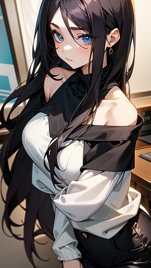 beautiful girl、portrait、Black straight long hair、Office Casual Fashion、black Sleeveless high neck knit、Tight pants style、slender、Model Body Type、Ideal Style、 women、Slim and cute、off shoulder foodie、casual、
