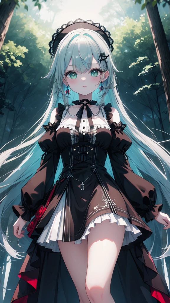 (8K, best quality, master piece: 1.2),super high resolution,1 girl, solo, full body ,ultra-detailed face, silme,  Rainbow hair, thin hair clip, cyan colorshift eyes, expressive eyes, Ecstatic expression,  Gothic dress, velvet, lace, black, red, choker, cross pendant, Ancient forest, green, brown, misty white, dim, misty and mystical
