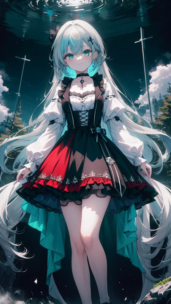 (8K, best quality, master piece: 1.2),super high resolution,1 girl, solo, full body ,ultra-detailed face, silme,  Rainbow hair, thin hair clip, cyan colorshift eyes, expressive eyes, Ecstatic expression,  Gothic dress, velvet, lace, black, red, choker, cross pendant, Ancient forest, green, brown, misty white, dim, misty and mystical
