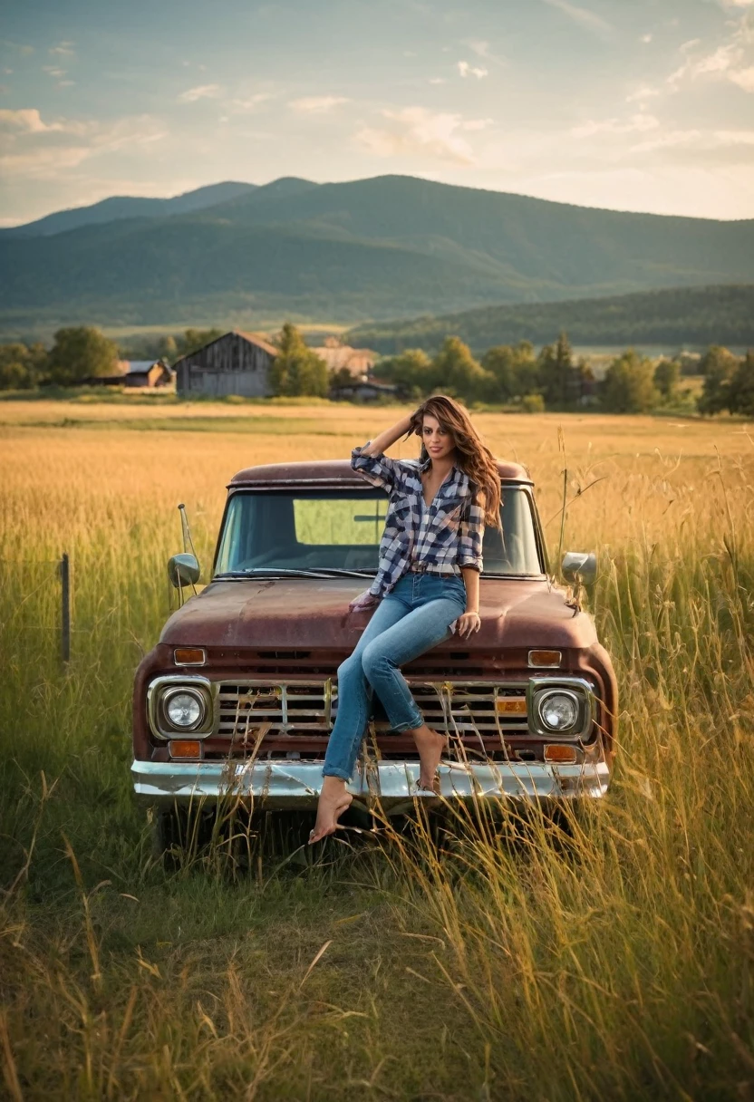 A stunning photo of a young supermodel in flannel shirt and denim pants perched atop an old, weathered blue matte pickup truck. She exudes confidence and grace as she poses barefoot amidst tall wild grass. The rustic fence and quaint farmhouse in the background hint at a serene countryside setting. A majestic mountain row looms in the distance, adding depth and scale to the scene. The overall atmosphere of the photo is natural and serene, capturing the essence of a perfect summer day., photo