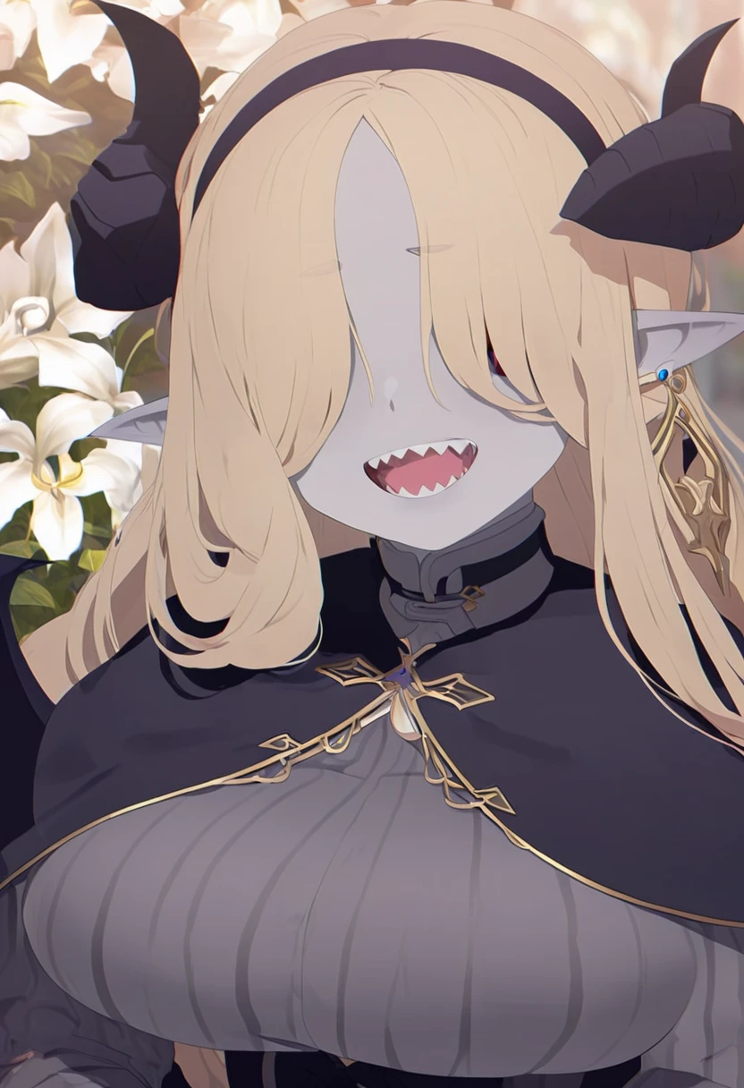 Rosto detalhado, grandes olhos, sharp teeth, hair over eyes, hairband, demon horns, demon wings, long hair, pointy ears, elf, earrings, capelet,long sleeves, parted bangs, flower, striped, very chubby, 8k, hd, hdr, grey/gray skin, grey sclera, long blonde hair, white iris, demon horns, makeup