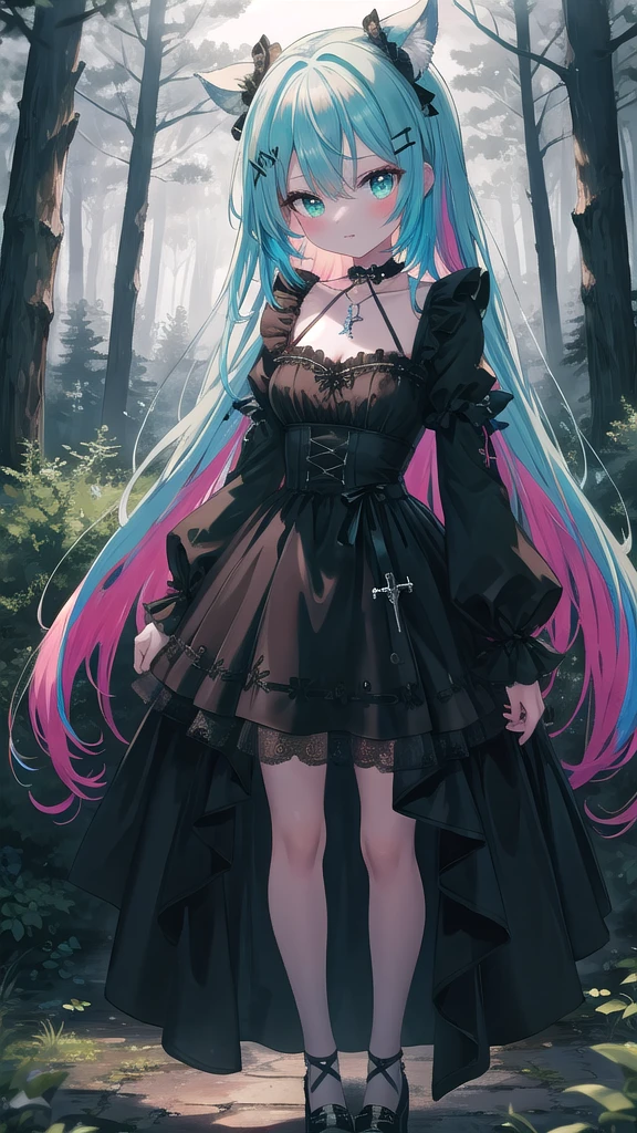 (8K, best quality, master piece: 1.2),super high resolution,1 girl, solo, full body ,ultra-detailed face, silme, Rainbow hair, thin hair clip, cyan colorshift eyes, expressive eyes, Ecstatic expression, Gothic dress, velvet, lace, black, red, choker, cross pendant, Ancient forest, green, brown, misty white, dim, misty and mystical