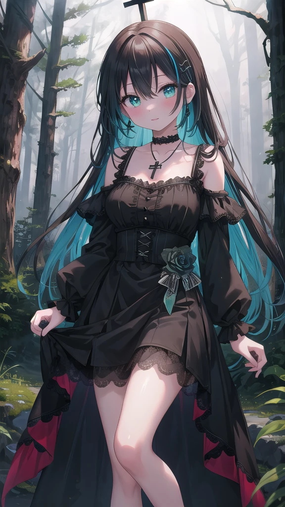 (8K, best quality, master piece: 1.2),super high resolution,1 girl, solo, full body ,ultra-detailed face, silme, Rainbow hair, thin hair clip, cyan colorshift eyes, expressive eyes, Ecstatic expression, Gothic dress, velvet, lace, black, red, choker, cross pendant, Ancient forest, green, brown, misty white, dim, misty and mystical