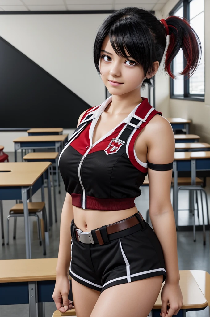 Screenshot, My Hero Academia short black hair with white and red highlights, red eyes, 15 year old woman, stomach 1.70 with the U uniform.In the classroom 