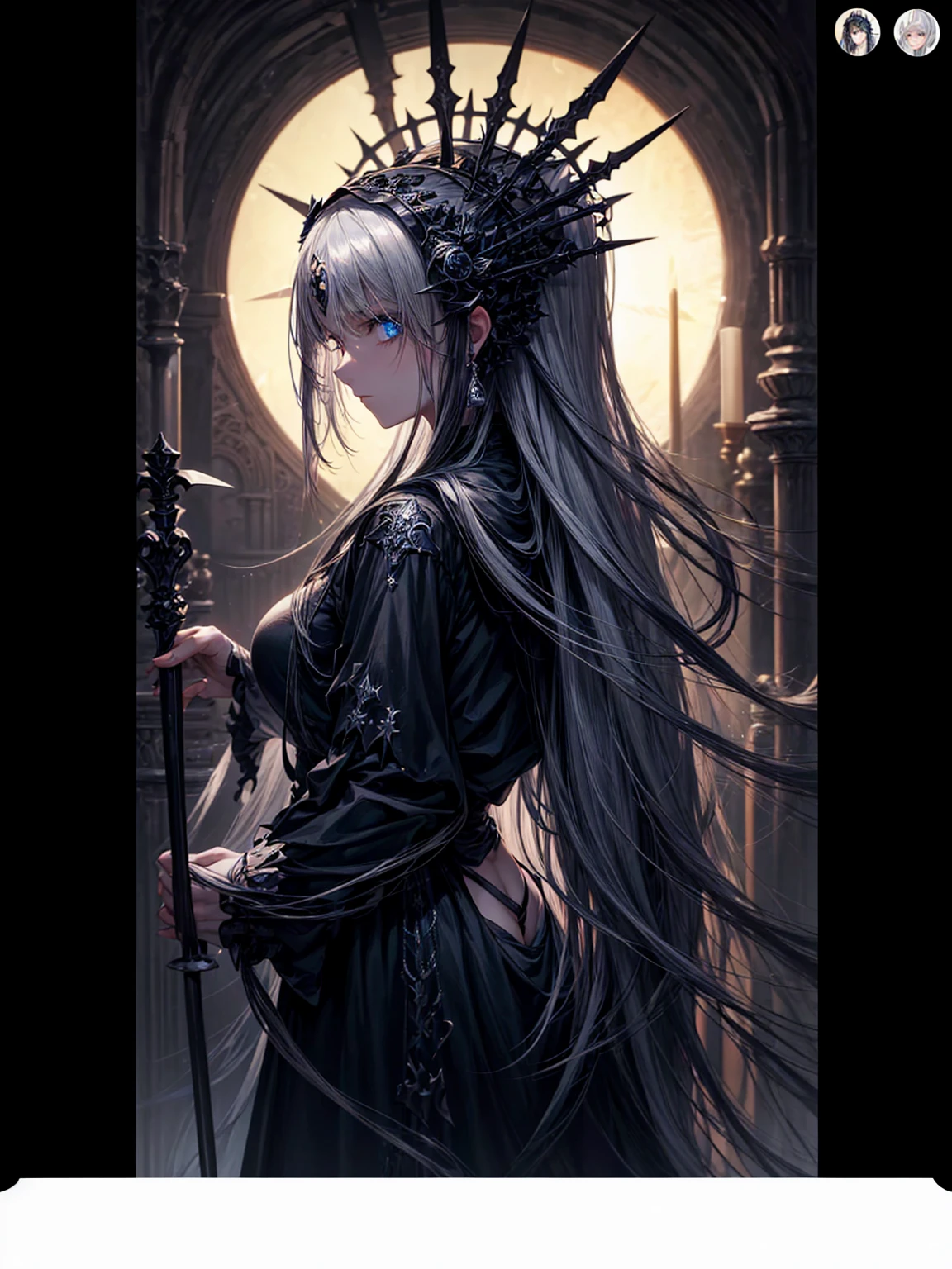 a young dark fantasy church priestess, with long black hair and white streaks, wearing an eyepatch on one eye, and her blueish green eyes, she cares a serious expression on her face and an angel like appearance, she wears elegant yet simple and modest black outfit, with some silver jewelry, she also wears a long see through veil on her head, with a faded sliver star shaped halo at the behind her head, she is holding her hands together symbolizing a prayer gesture.Long Hair, Black Hair, Blue eyes, mysterious, Hood, Halo, Anatomically Correct, Best Quality, Accurate, High Resolution, Looking at viewer, back view
