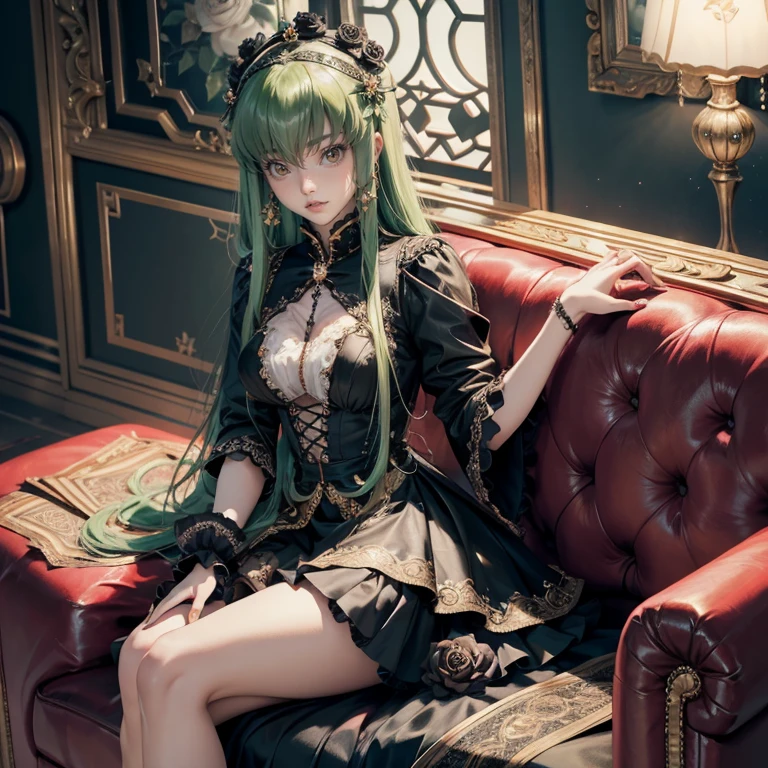 C.C_(code geass), 1girl, white roses, ornament hair, black roses on her hair, black short skirt, black dress, black headdress, skirt with layers, frills, black laces, lolita style, green hair, long hair, seat on a red sofa, modernist home style, black lolita dress, gold lantern, black dress, more details on her clothes, golden details, night, smiling, solo, alone