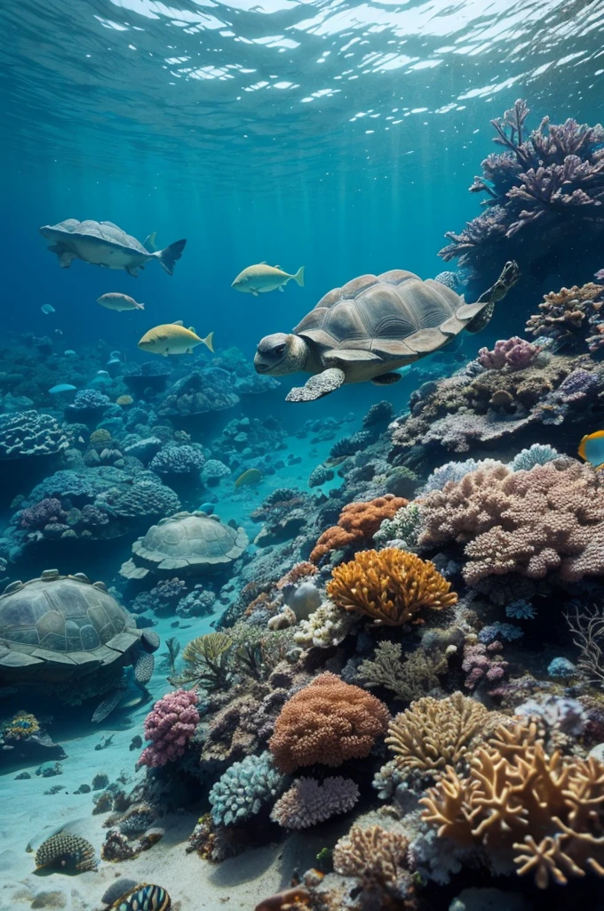Burning trees and smoke. tortoises, Pisces, and corals with trash floating in the sea