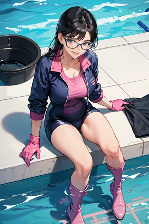A mature woman with black hair and glasses wearing a navy blue school swimsuit and large pink rubber gloves and white rubber boots is smiling as she cleans the school pool. Windbreaker