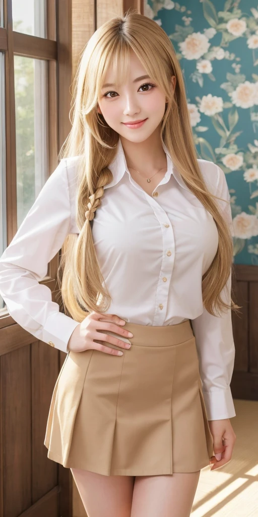 ( masterpiece, Highest quality), 8k,A beautiful Japanese woman,,20-year-old, Small face,(Cute Face:1.2),smile, Large breasts, ,Beautiful and detailed, Evenly spaced 1.2, Blonde Long Hair,（Random Hairstyles）,、Highest quality、High resolution、Tabletop、wallpaper、Realistic、Bright lighting、mini skirt、Uniform in the classroom、mini skirt、whole body、Waistline、Great style、Professional Lighting、Face Light、Smooth lighting、Japanese women、Adult、Beautiful woman、action、gravure、sexy、The bountiful valley、so beautiful、Beautiful Skin、Beautiful and detailed、Detailed face、slim、moderately、Blonde Long Hair、Brown eyes、