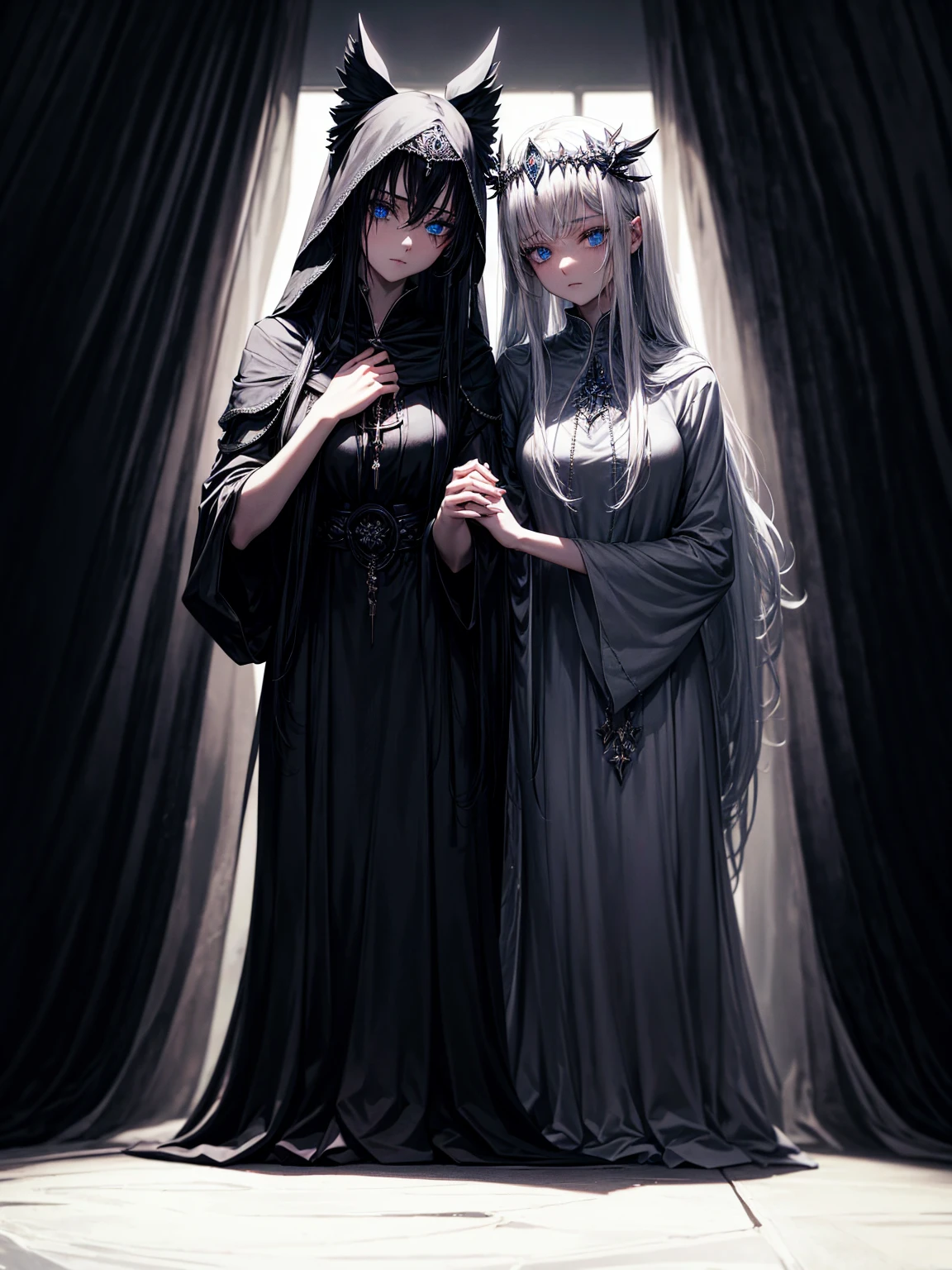 a young dark fantasy church priestess, with long black hair and white streaks, wearing an eyepatch on one eye, and her blueish green eyes, she cares a serious expression on her face and an angel like appearance, she wears elegant yet simple and modest black outfit, with some silver jewelry, she also wears a long see through veil on her head, with a faded sliver star shaped halo at the behind her head, she is holding her hands together symbolizing a prayer gesture.Long Hair, Black Hair, Blue eyes, mysterious, Hood, Halo, Anatomically Correct, Best Quality, Accurate, High Resolution, Looking at viewer, back view