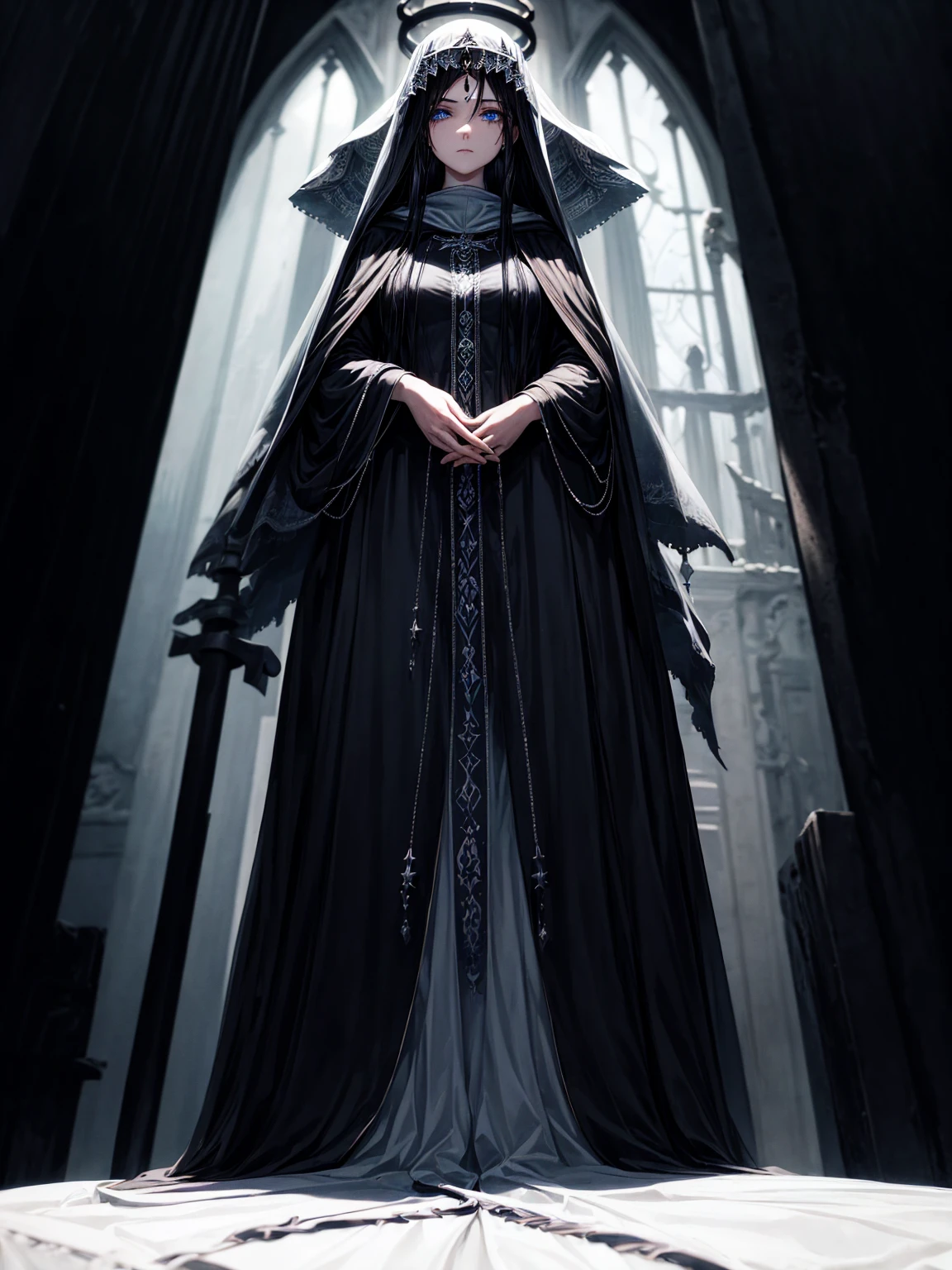 a young dark fantasy church priestess, with long black hair and white streaks, wearing an eyepatch on one eye, and her blueish green eyes, she cares a serious expression on her face and an angel like appearance, she wears elegant yet simple and modest black outfit, with some silver jewelry, she also wears a long see through veil on her head, with a faded sliver star shaped halo at the behind her head, she is holding her hands together symbolizing a prayer gesture.Long Hair, Black Hair, Blue eyes, mysterious, Hood, Halo, Anatomically Correct, Best Quality, Accurate, High Resolution, Looking at viewer, back view