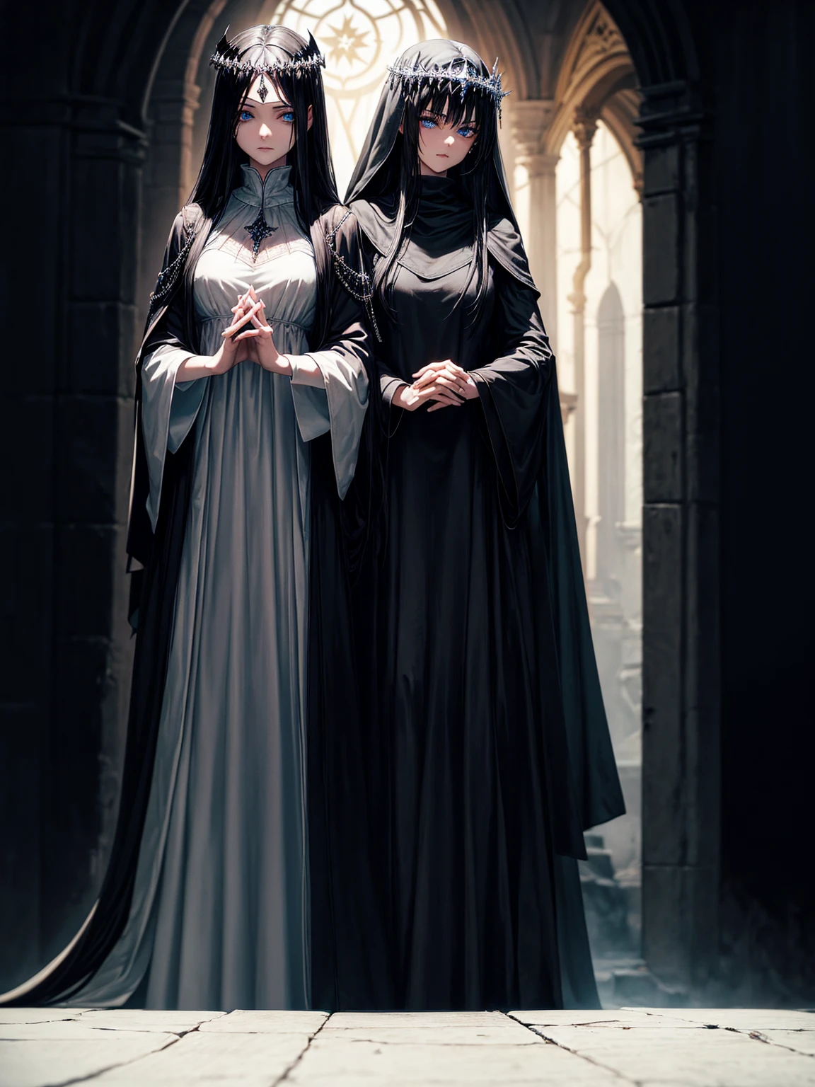 a young dark fantasy church priestess, with long black hair and white streaks, wearing an eyepatch on one eye, and her blueish green eyes, she cares a serious expression on her face and an angel like appearance, she wears elegant yet simple and modest black outfit, with some silver jewelry, she also wears a long see through veil on her head, with a faded sliver star shaped halo at the behind her head, she is holding her hands together symbolizing a prayer gesture.Long Hair, Black Hair, Blue eyes, mysterious, Hood, Halo, Anatomically Correct, Best Quality, Accurate, High Resolution, Looking at viewer, back view