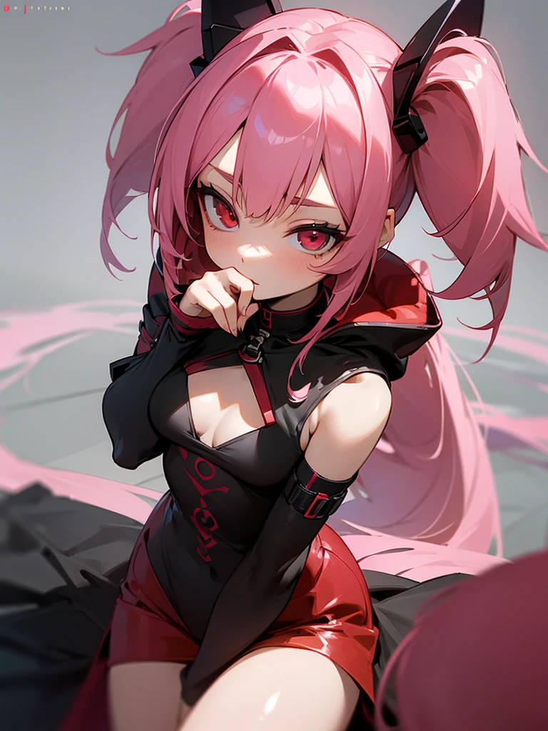 (masterpiece), (best quality), (ultra detailed) 1womanl, pink  hair, twin-tail, Red eyes, black and red outfit, Super detailed scenario, seducing gaze