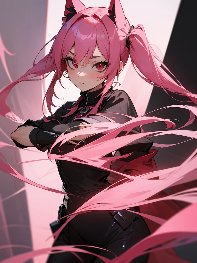(masterpiece), (best quality), (ultra detailed) 1womanl, pink hair, twin-tail, Red eyes, black and red outfit, Super detailed scenario, seducing gaze