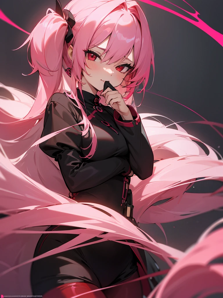 (masterpiece), (best quality), (ultra detailed) 1womanl, pink  hair, twin-tail, Red eyes, black and red outfit, Super detailed scenario, seducing gaze