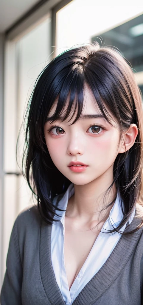 (1 nogizaka girl,15years old face,raw photo,photo realistic:1.5),(best quality, high quality,HDR, highest quality,ultra high resolution,high resolution,high res,ultra high difinition,huge file size,8K,2K wallpaper,8K wallpaper,high quality texture,amazing,an extremely delicate:1.4),one girl, Japanese famous idol,cute face,small face,absurd,ridiculous,incredibly ridiculous,blurry background,(school uniform,sailor suit,short hair,cleavage,no makeup:1.2),medium skin,beautiful skin,detailed skin,black hair,silky hair,black eyes,Japanese nose,5-fingers,(Light Particles, Lens Flare, Luminous Particles: 0.7),looking at viewer,small hands,bright lighting,professional lighting,girl