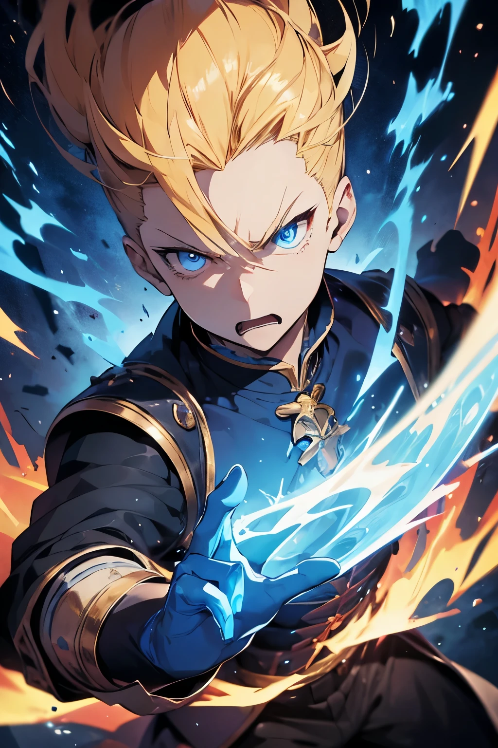 Powerful wizard with blue flames in his hands with an angry face, he has blond hair in a pompadour style, very detailed and very bright blue eyes, his clothes are high-ranking sorcerer style clothes