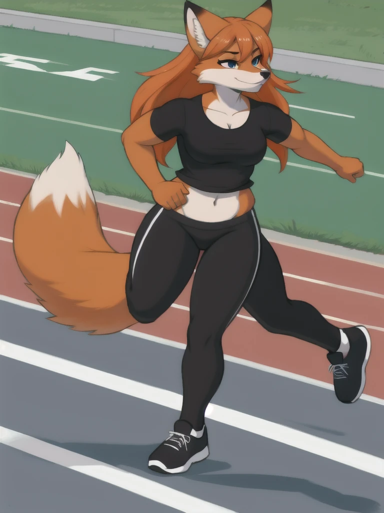 Furry, fox, female, black shirt, black leggings, shoes, running track, solo, full body