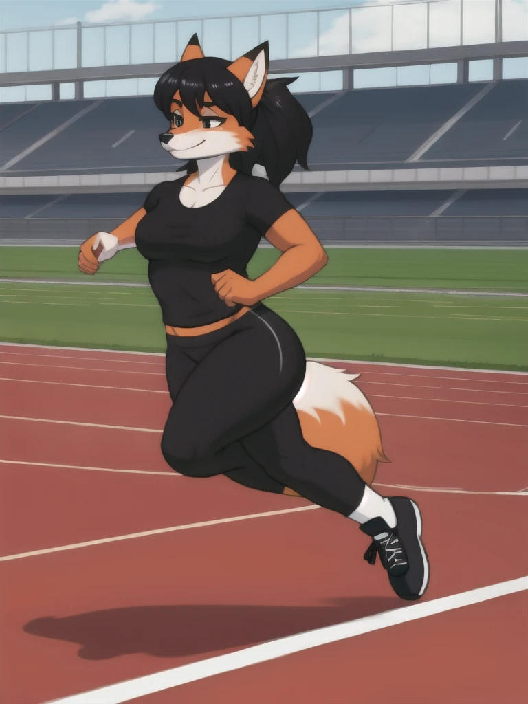 Furry, fox, female, black shirt, black leggings, shoes, running track, solo, full body