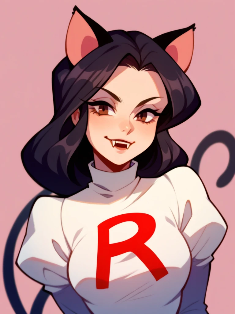 Half body, A beautiful woman, long wavy black hair, brown eyes, team rocket clothing, cat ears and tail, fangs, horns, sexi, dressed as team rocket.