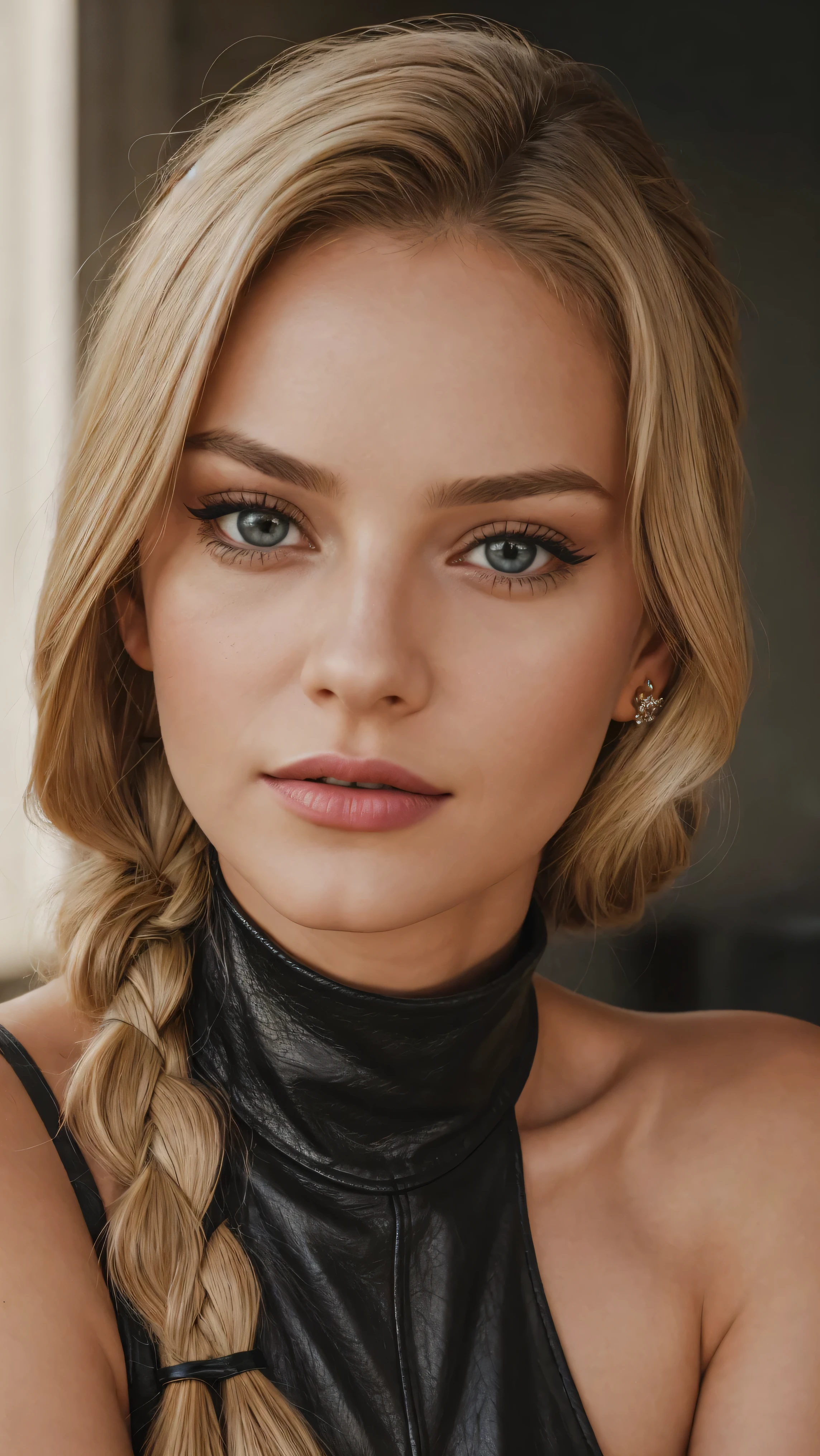 woman, smile, high neck dress, warm light, shadows, Photograph of a 25 year old woman, (ambivalent facial expression), face looking at camera, full face, portrait, faces are visible more, and the eyes look straight, broun textured leather cloth, goosebumps, ash blonde mermaid with braid, Perfect eyes, realistic skin texture, too much sweat, (ektachrome), Velvia 100 color, shot with Leica T, hips, sharp focus on the subject, shot by Peter Lindbergh, bright, fair, realistic look, tika on forehead, nose jewelry, big lips, red lipstick, pink slip, big breast, leather bra, leather short,