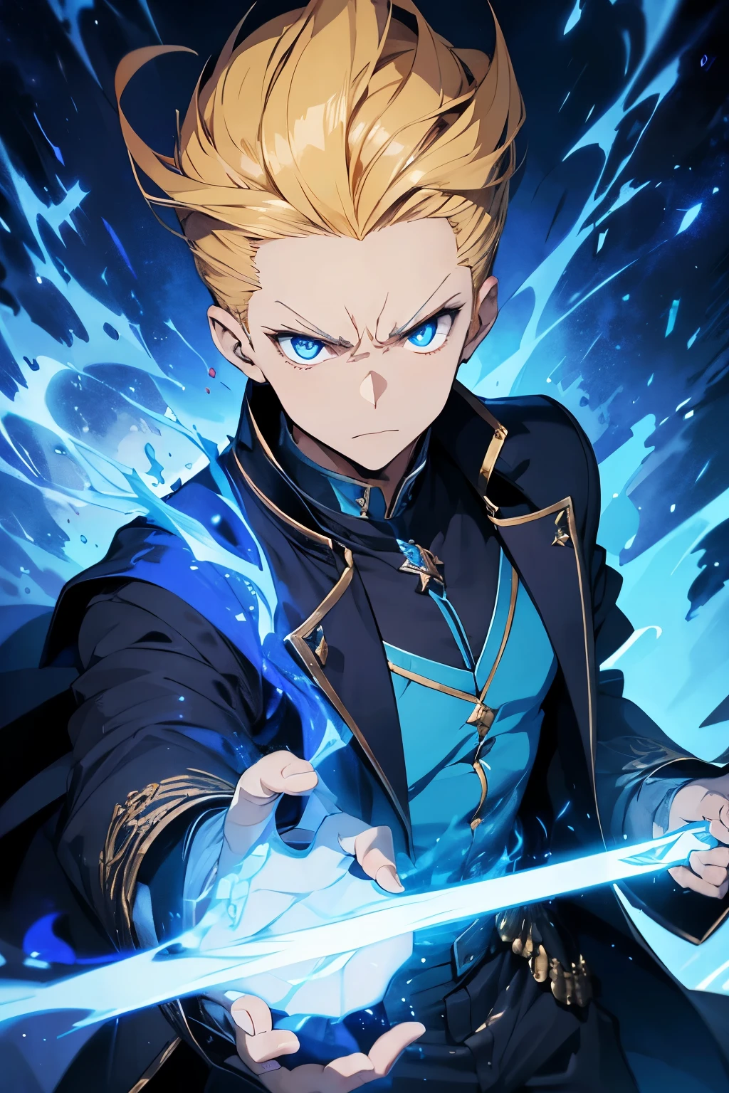 Powerful wizard with blue flames in his hands with an angry face, he has blond hair in a pompadour style, very detailed and very bright blue eyes, his clothes are high-ranking sorcerer style clothes 