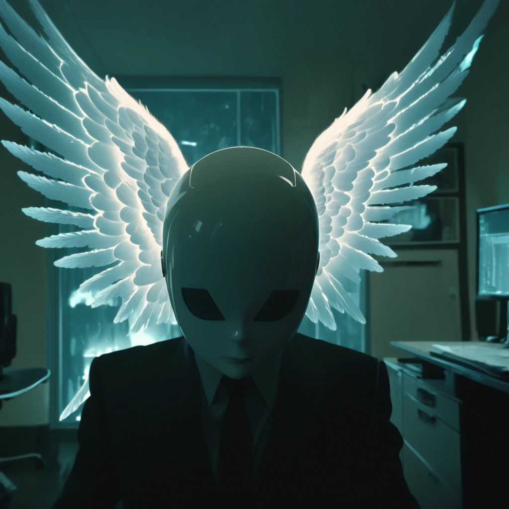 a security camera photo of an angel crying in a gothic office, highly detailed, intricate, dark, dramatic lighting, moody, cinematic, dramatic shadows, incredible detail, 8k, ultra detailed, photorealistic, dramatic lighting, dramatic contrast, dramatic atmosphere, dark fantasy, dark angel, dark office, goth angel, angel crying, security camera, surveillance footage, office angel, fallen angel, y2k aesthetic, y2k paranoia, dystopian, surreal, cinematic lighting