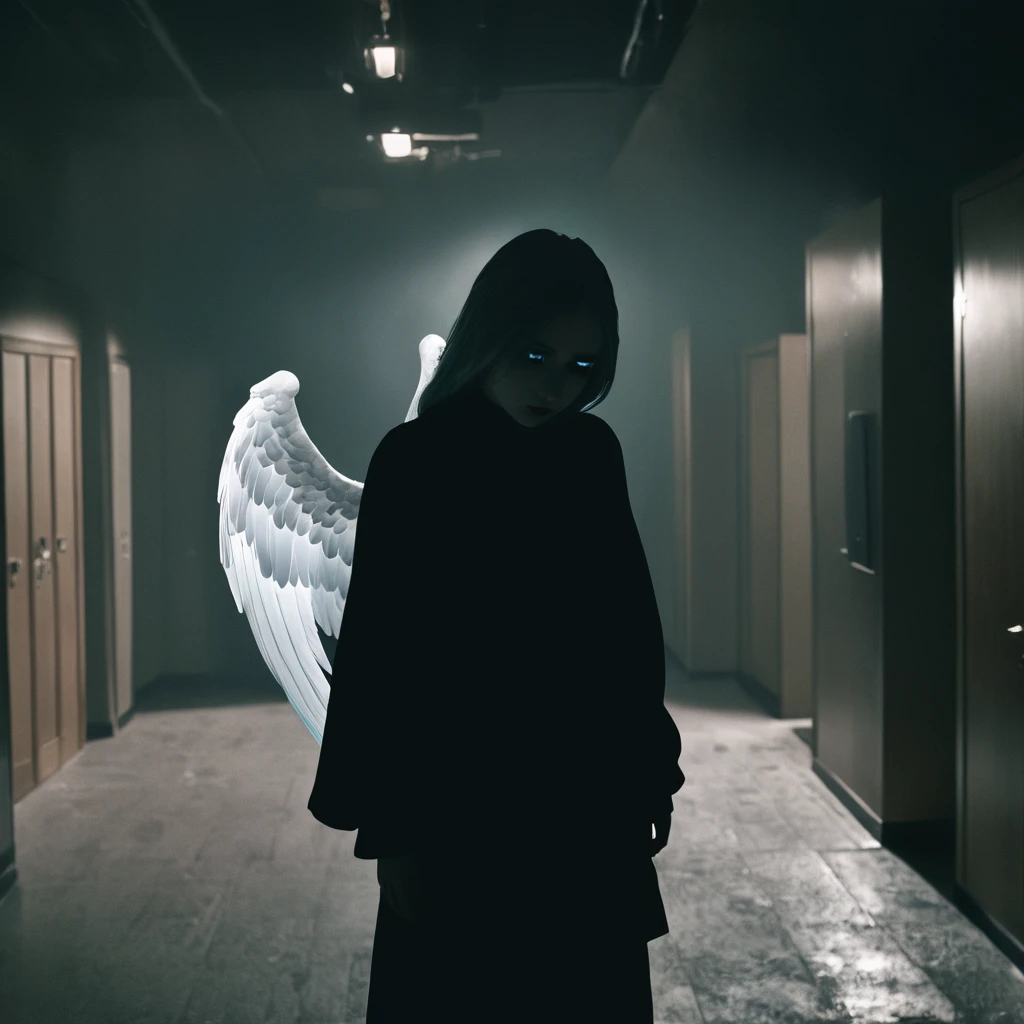 a security camera photo of an angel crying in a gothic office, highly detailed, intricate, dark, dramatic lighting, moody, cinematic, dramatic shadows, incredible detail, 8k, ultra detailed, photorealistic, dramatic lighting, dramatic contrast, dramatic atmosphere, dark fantasy, dark angel, dark office, goth angel, angel crying, security camera, surveillance footage, office angel, fallen angel, y2k aesthetic, y2k paranoia, dystopian, surreal, cinematic lighting