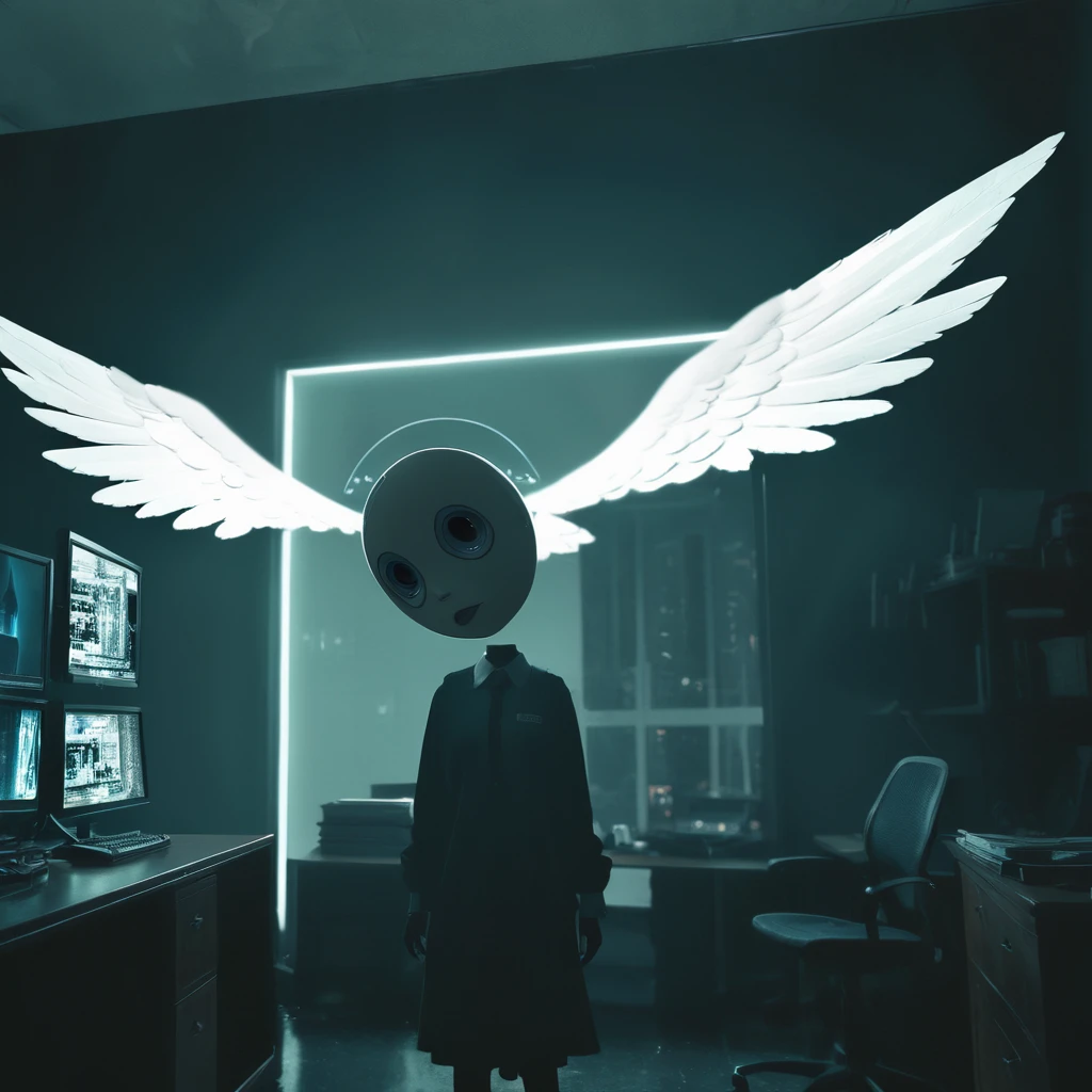 a security camera photo of an angel crying in a gothic office, highly detailed, intricate, dark, dramatic lighting, moody, cinematic, dramatic shadows, incredible detail, 8k, ultra detailed, photorealistic, dramatic lighting, dramatic contrast, dramatic atmosphere, dark fantasy, dark angel, dark office, goth angel, angel crying, security camera, surveillance footage, office angel, fallen angel, y2k aesthetic, y2k paranoia, dystopian, surreal, cinematic lighting