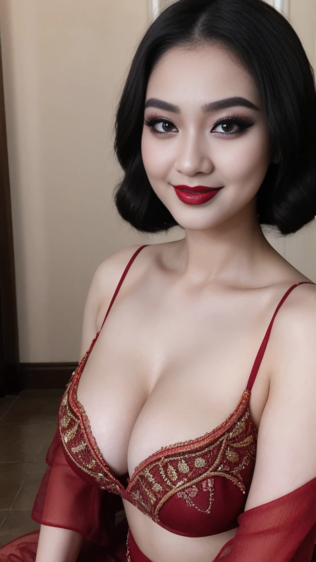 instagram photo, closeup face photo of 23 y.o Chloe in kebaya, Red Lipstick, sensual Lipstick, Sensational Make Up, cleavage, pale skin, (smile:0.4), hard shadows, black G-STRING, bright lighting